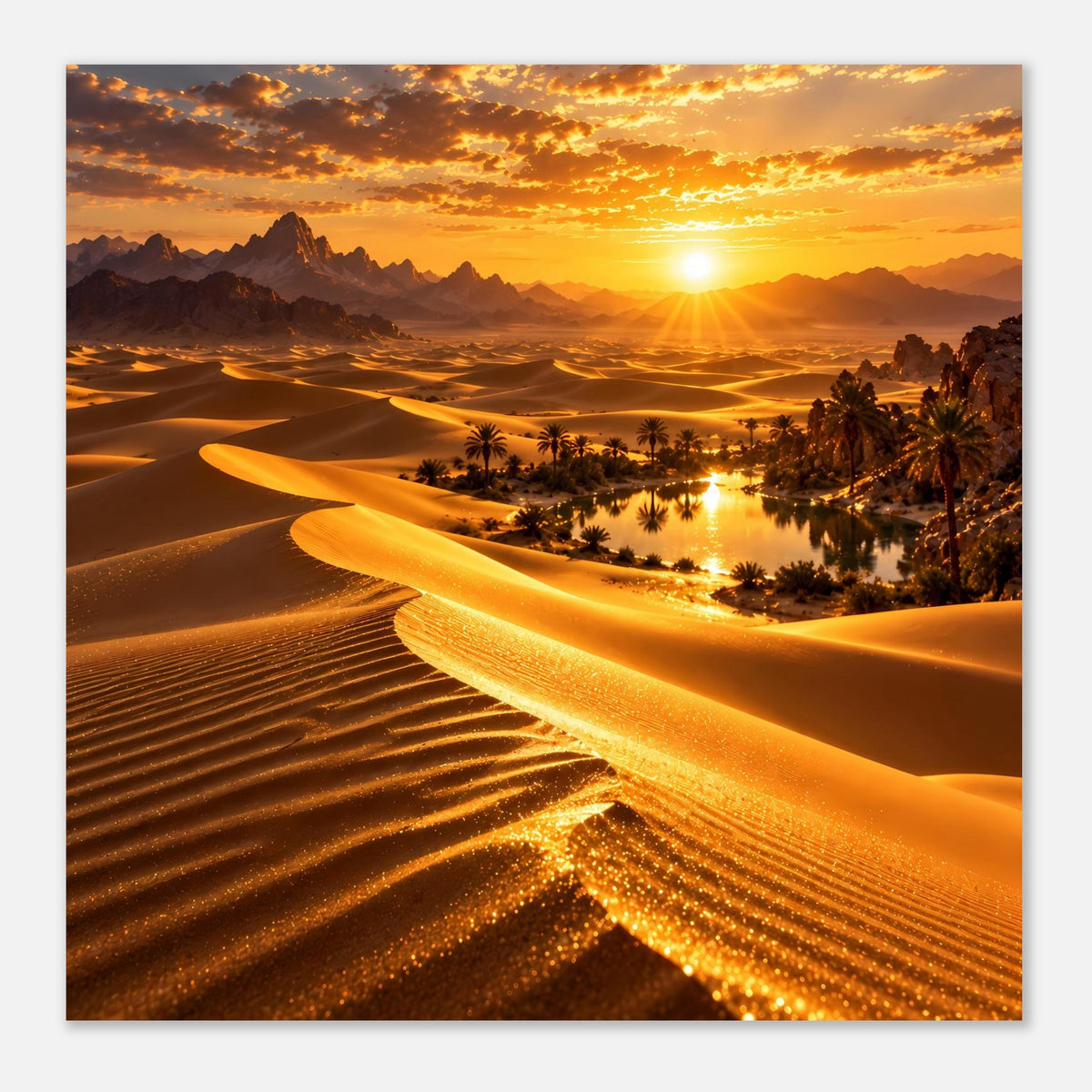 Poster mit Wüstenlandschaft im Quadratformat, Sonne über Dünen und Palmen