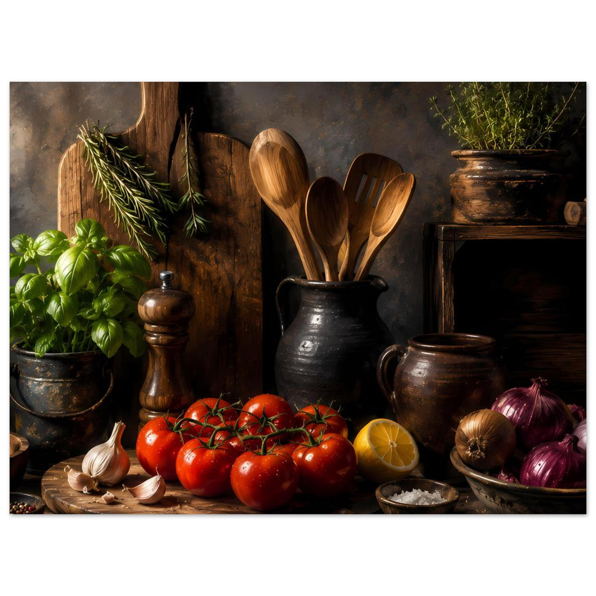 Küchenposter im Querformat mit Stillleben aus Tomaten, Kräutern und Holzbesteck in Töpfen