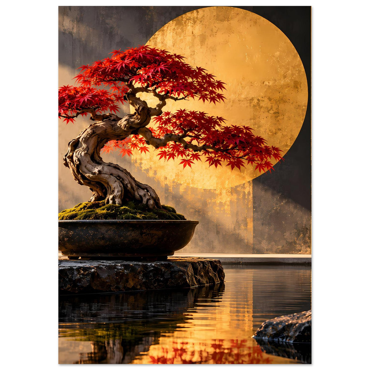 Bonsai-Poster (hochkant): roter Ahornbaum in dunkler Schale vor goldenem Kreis
