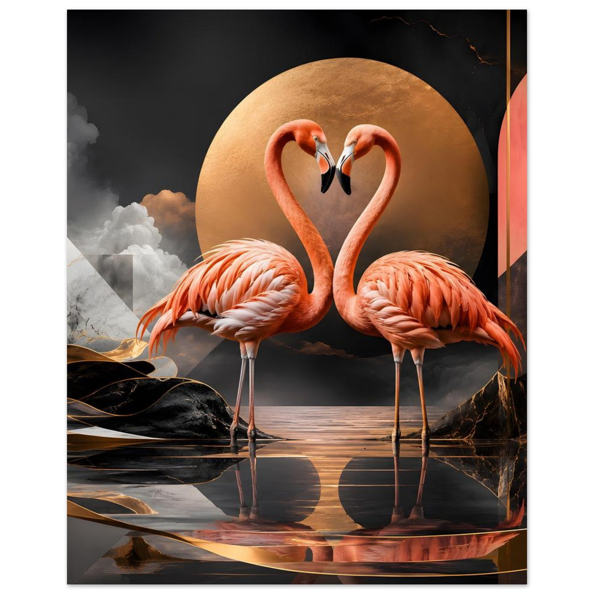 Flamingo-Kunstposter mit zwei rosa Flamingos, goldenem Kreis und schwarzen Akzenten
