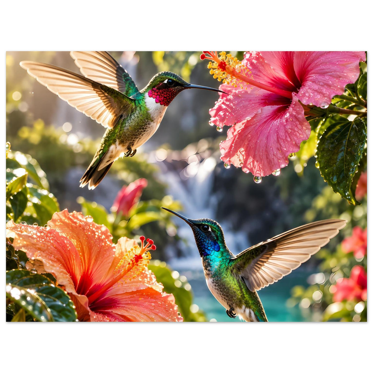 Poster mit Kolibris und Hibiskusblüten, mehrere Vögel im Flug vor Blütenmeer