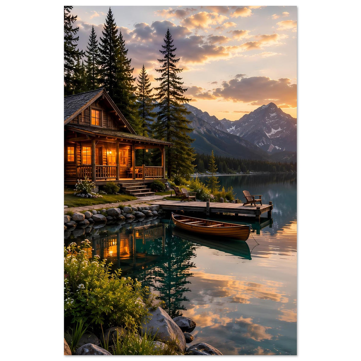 Vertikales Poster mit Holzhaus und Wald am Seeufer, Boot am Steg bei Sonnenuntergang
