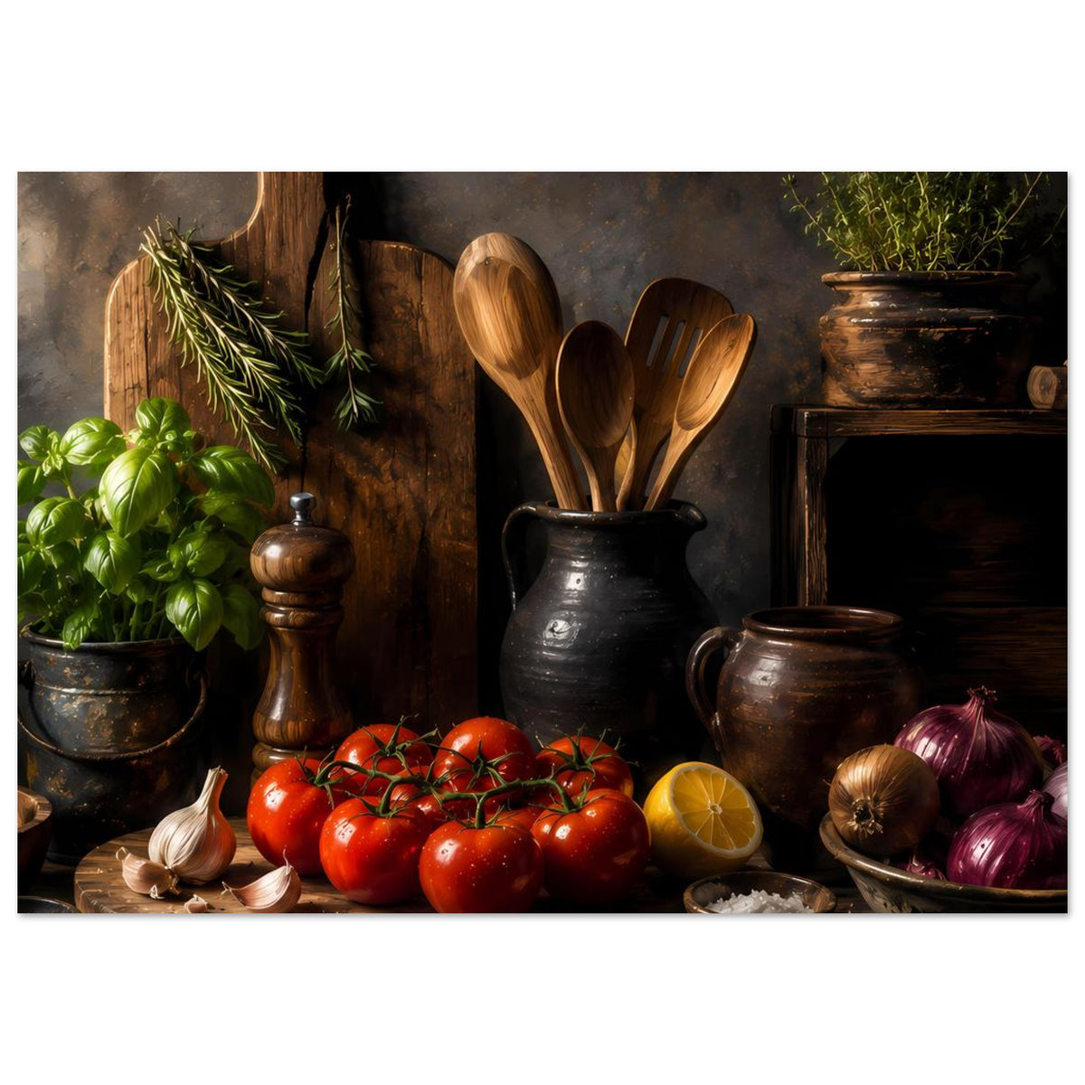 Poster mit rustikalem Küchenstillleben: Tomaten, Holzutensilien, Zwiebeln und Kräutertöpfe