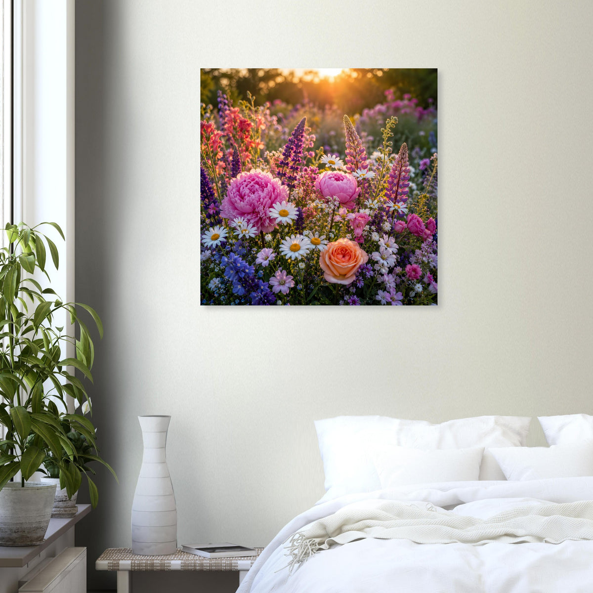Blumenmeer-Poster mit rosa und blauen Blütenfeldern sowie orangefarbener Rose, schwarz gerahmt