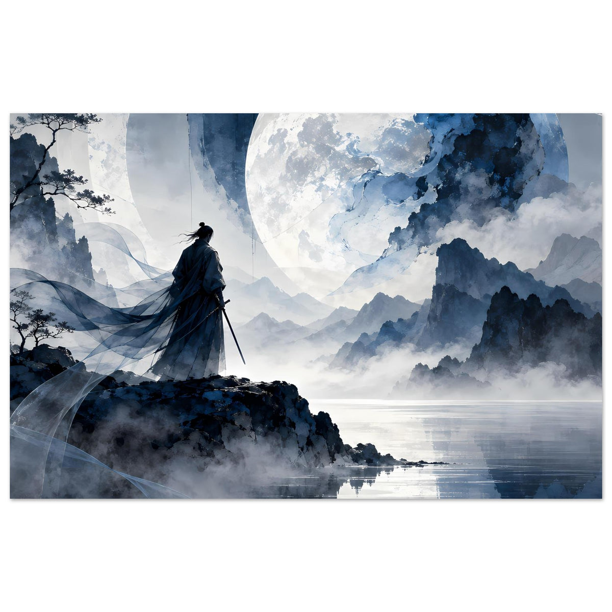 Mattes Poster, horizontales Motiv: Samurai in dunklem Gewand auf Fels, Mond, Berge, Spiegelung.