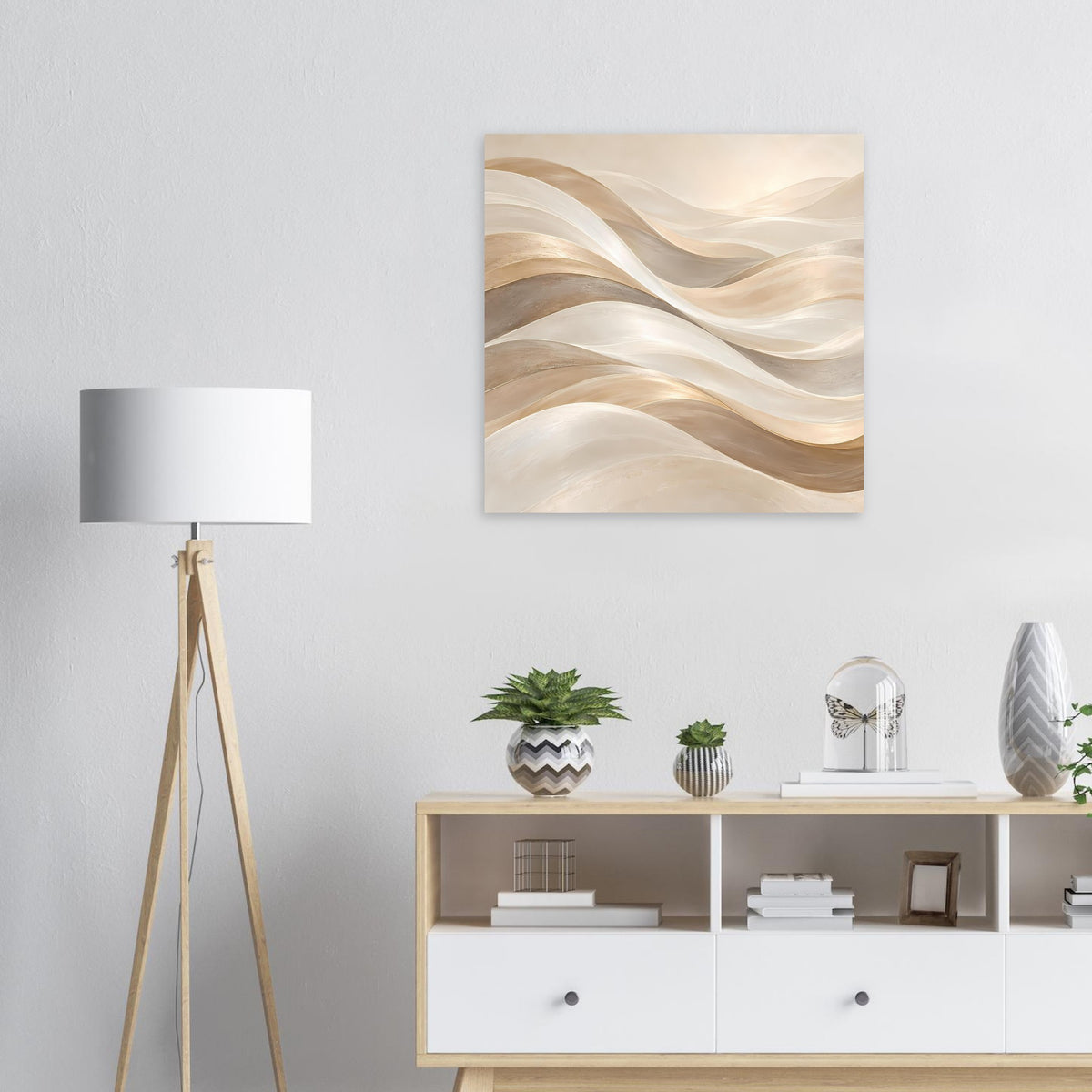 Kunstposter mit abstraktem Wellenmotiv in Creme- und Goldtönen