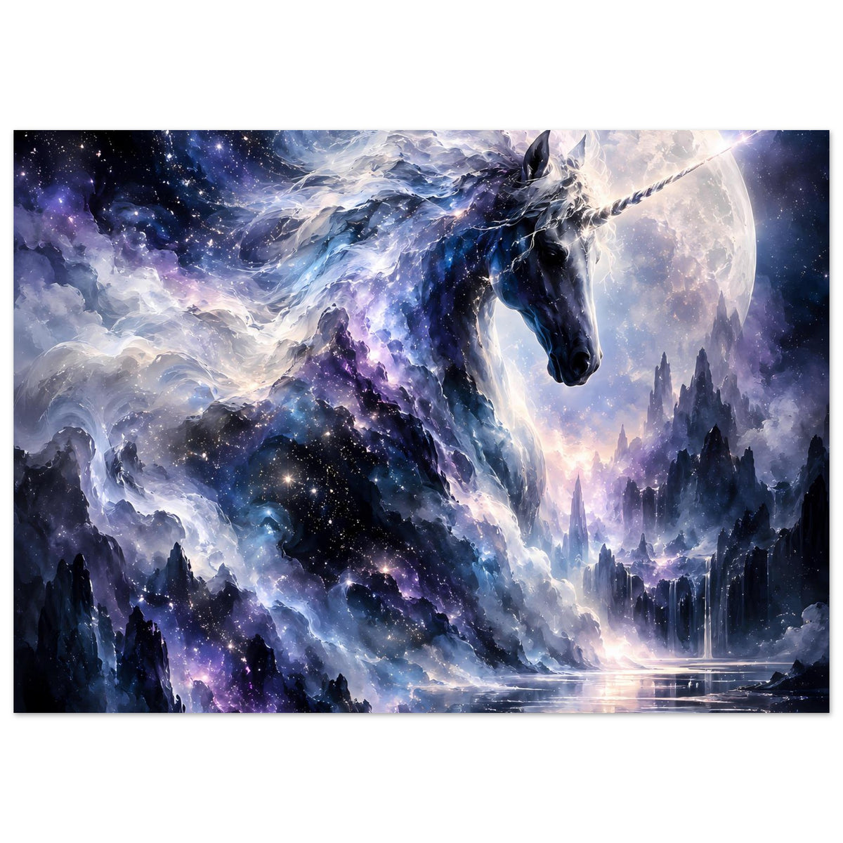 Galaktisches Einhorn-Poster, großes Motiv mit Mond und Wasserreflexion im Vordergrund