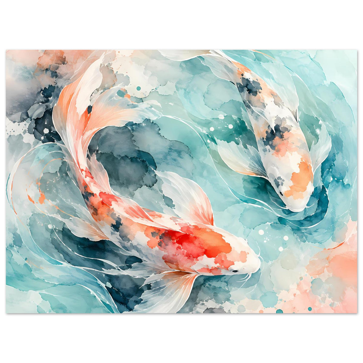 Koi-Fisch-Poster mit zwei Aquarell-Koi, Farbverläufe in Türkis und Lachs