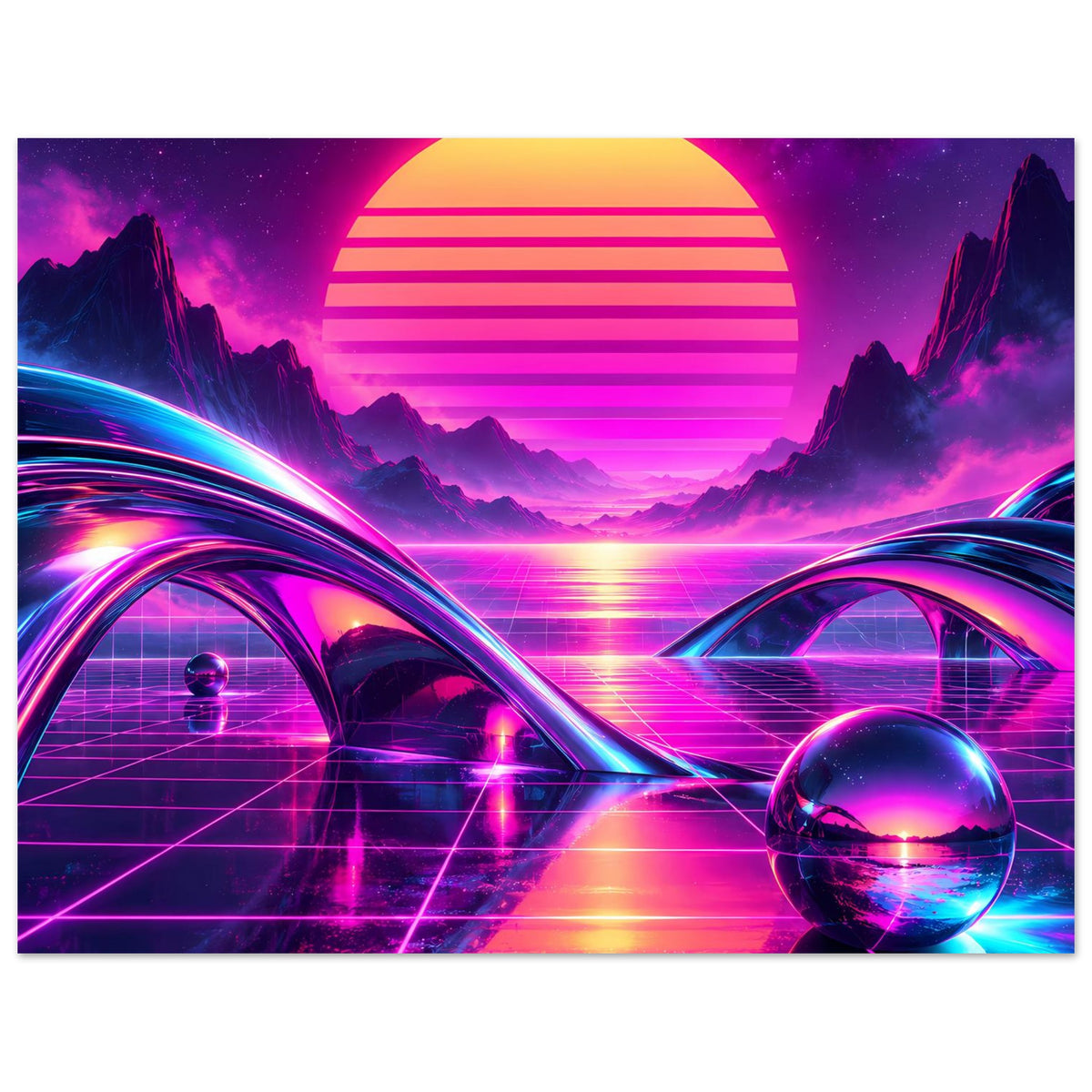 Neon-Science-Fiction-Poster (Breitformat) mit Sonnen-Lichtscheibe, Grid und reflektierender Glaskugel