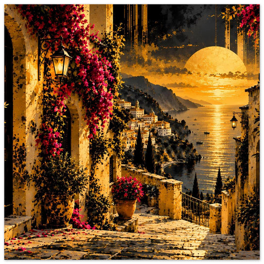 Mediterranes Sonnenuntergang-Poster mit Bucht, Häusern, gelber Sonne und blühenden Weinstöcken an einer Gasse