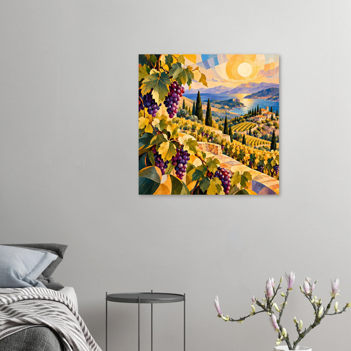 Kleines Landschaftsposter: Weinreben, Weinberge, Dorf und Sonnenuntergang mit großer Sonne