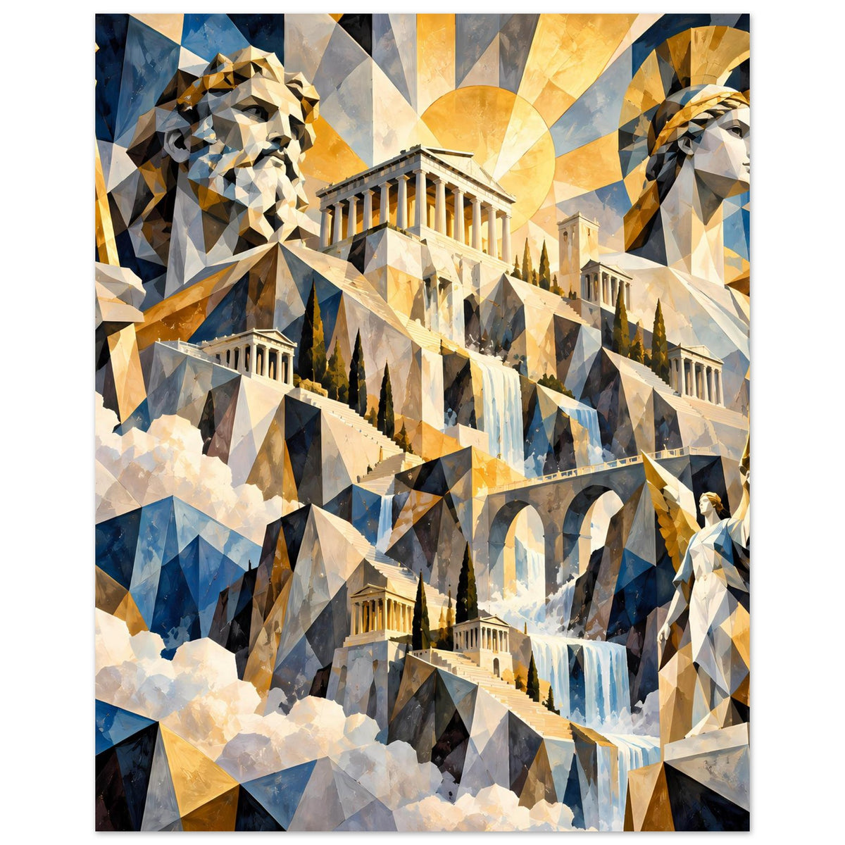Griechisches Poster mit Parthenon, polygonalen Dreiecken und goldenen Sonnenstrahlen, blauem Himmel