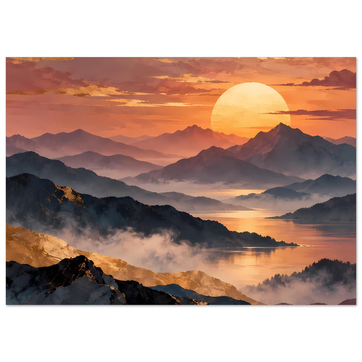 Horizontales Wandposter mit Sonnenuntergang über Berglandschaft, großer gelber Sonne, Nebel und See