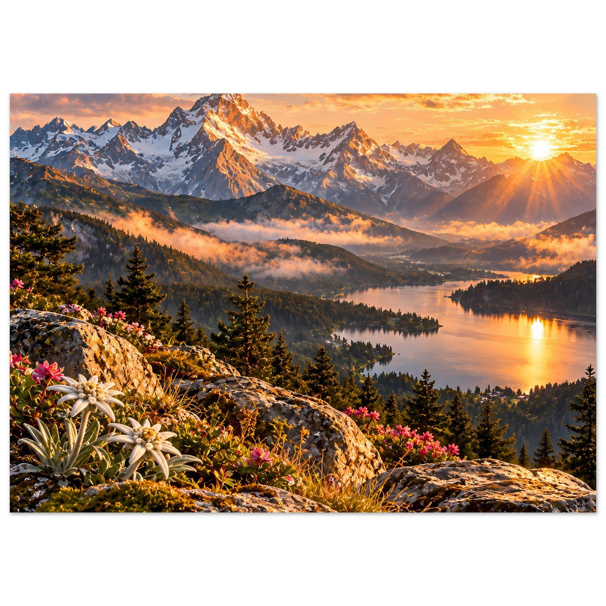 Landschaftsposter: Panorama mit schneebedeckten Bergen, Nebel über dem See und Sonne.
