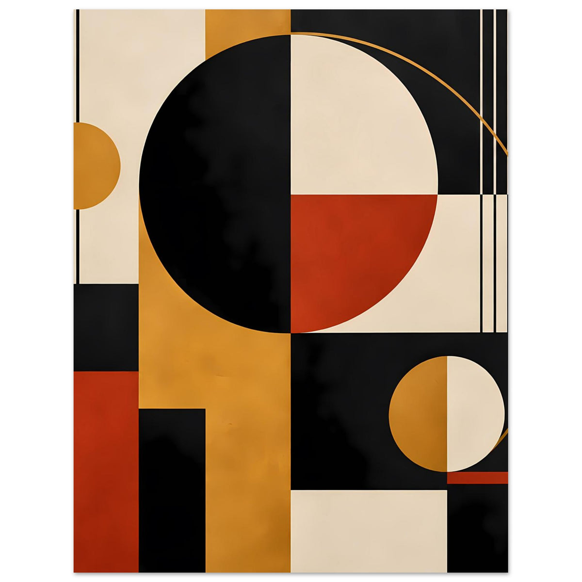Geometrischer Kunstdruck mit großem Kreis, kleinem Kreis und vertikalen Linien in Schwarz, Rot, Gelb.