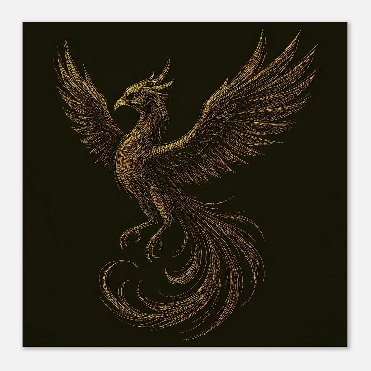 Quadratisches Poster mit goldenem Phönix, Flügeln nach oben und langem Schwanz