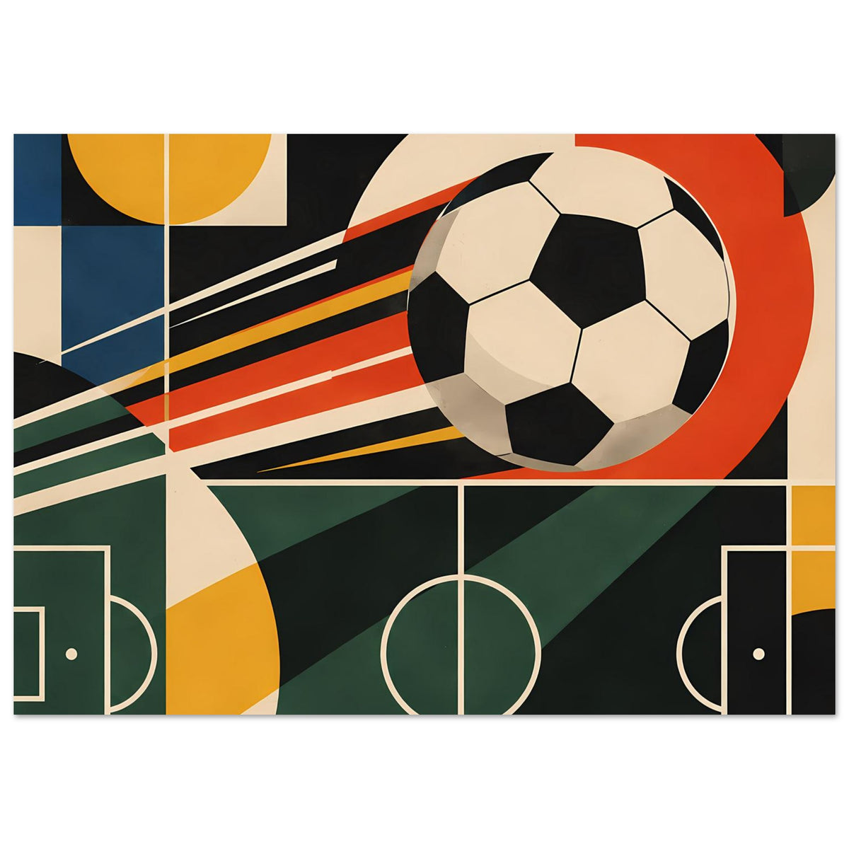 Geometrisches Fußballkunstposter mit großem Fußball, bunten Streifen und Torlinien