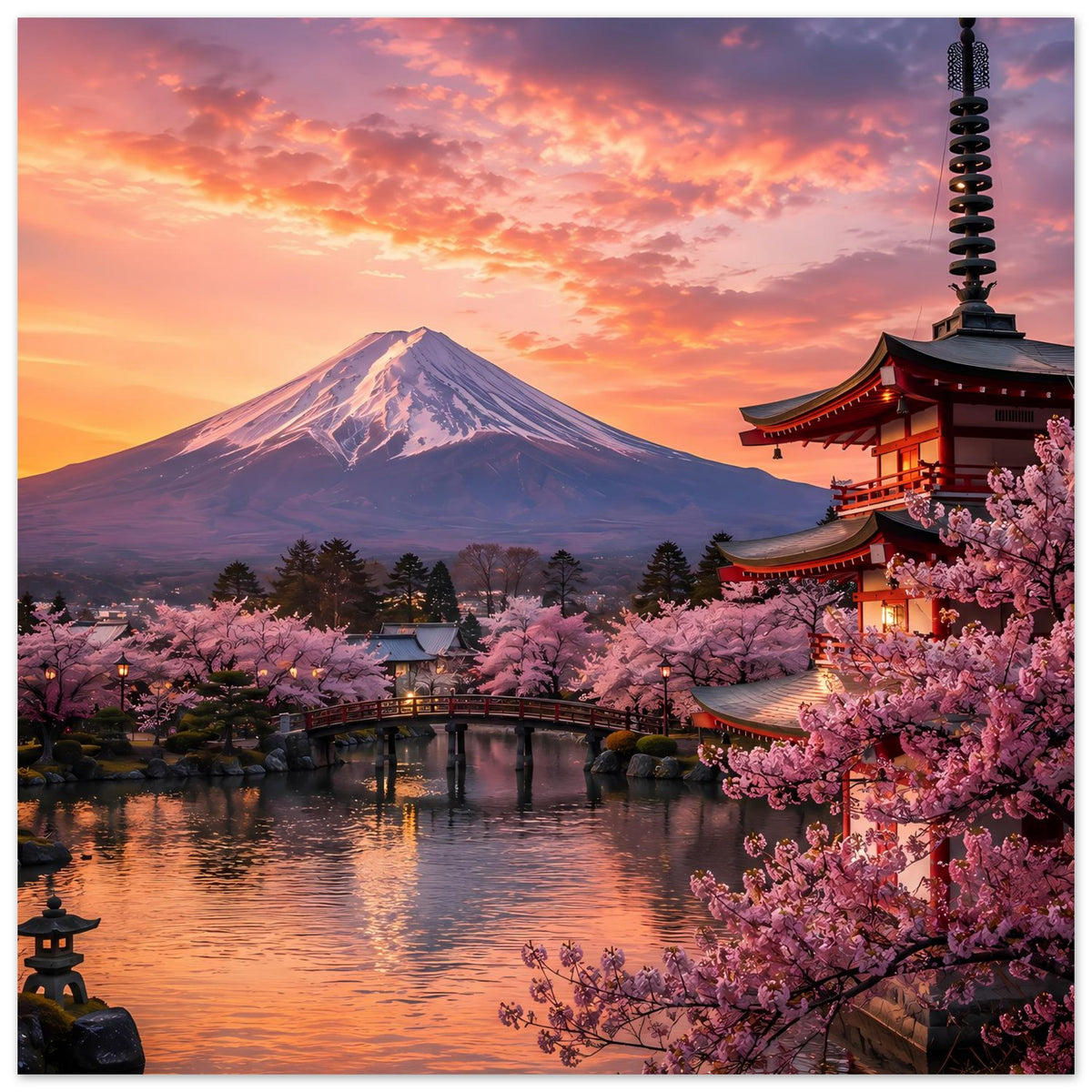 Poster mit Berg Fuji, Kirschblüten und Pagode am Wasser, Querformat