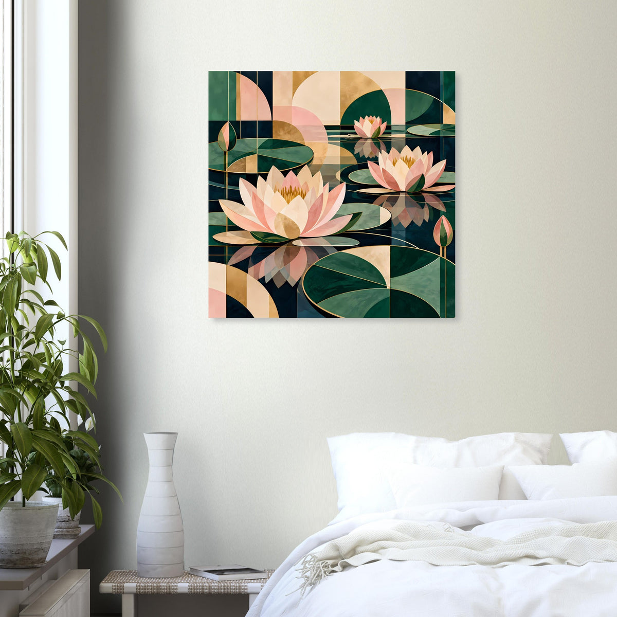 Lotus-Grafikposter, quadratisch: rosafarbene Blüten mit dunklen grünen Blattflächen