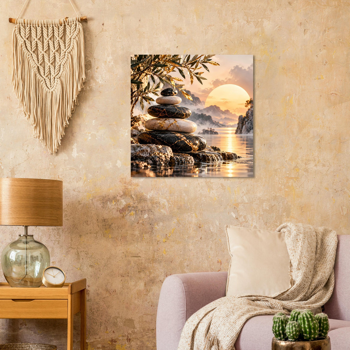 Wandposter mit Steinmandala am Strand bei Sonnenuntergang und goldenen Reflexen