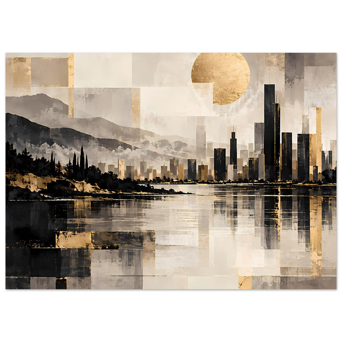 Stadtlandschaftsposter mit Skyline und großer goldener Sonne über ruhigem Wasser
