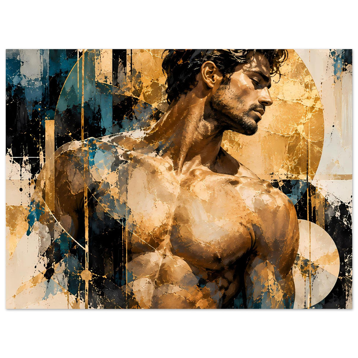 Kunstdruck eines nackten Mannes im Profil, Gold- und Blauspritzer, querformat mit Rand