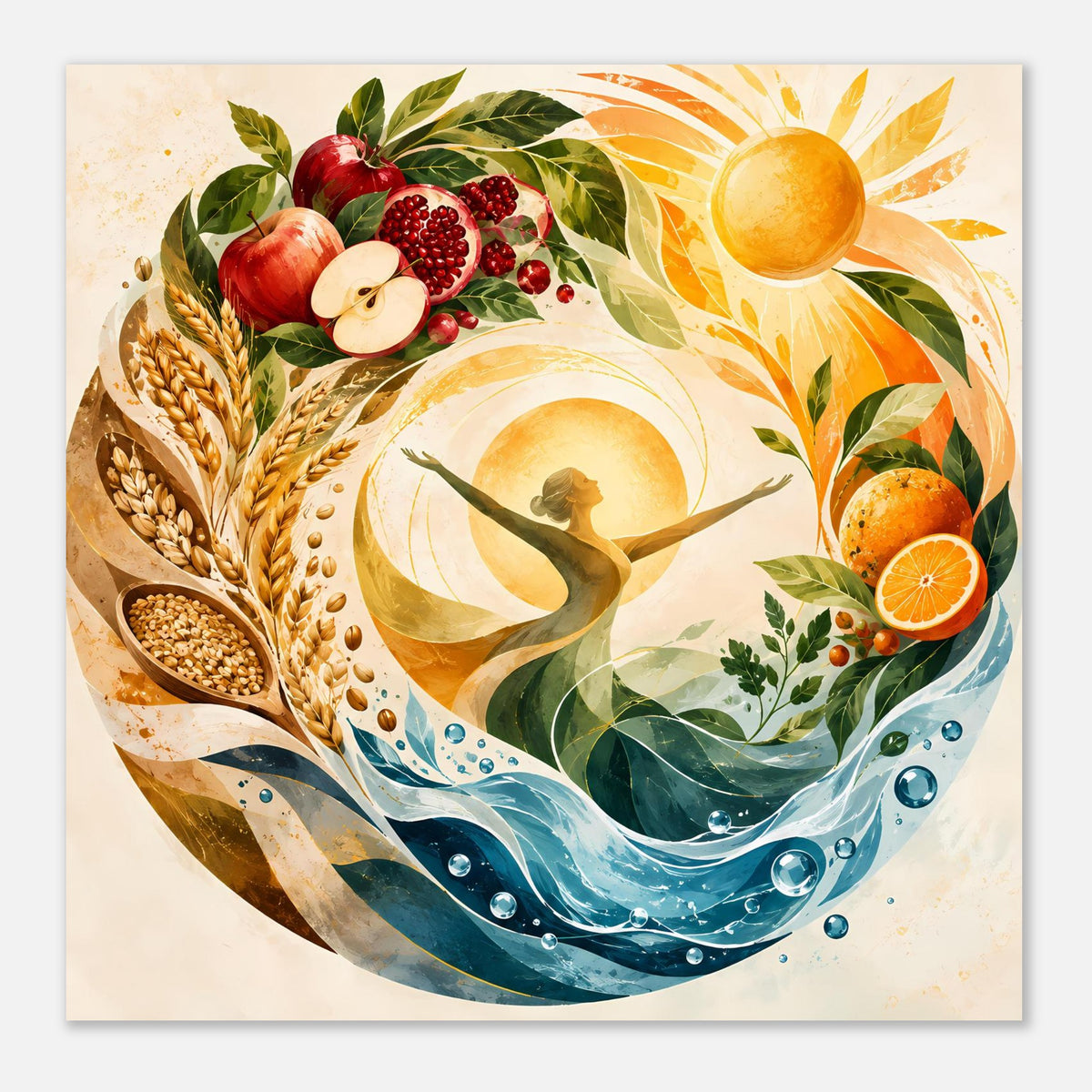 Naturposter mit rundem Motiv: Sonne, Wasserwellen, Goldfigur, Weizenähren und Obst