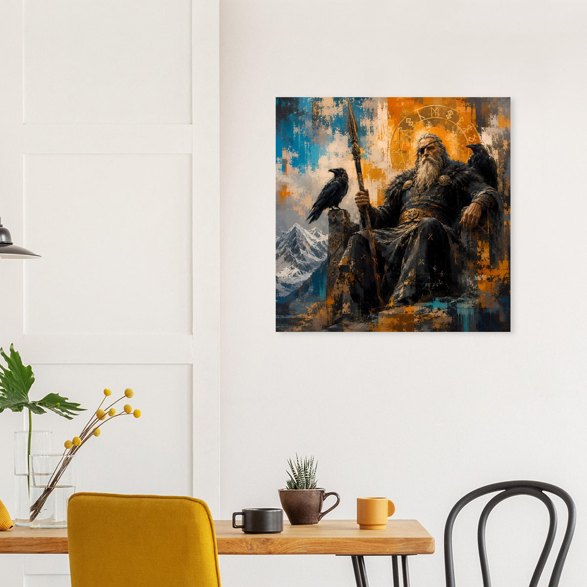 Poster mit nordischer Szene: Odin mit Bart und Rabe, Farbverlauf und Sprüh-Optik in Orange/Blau