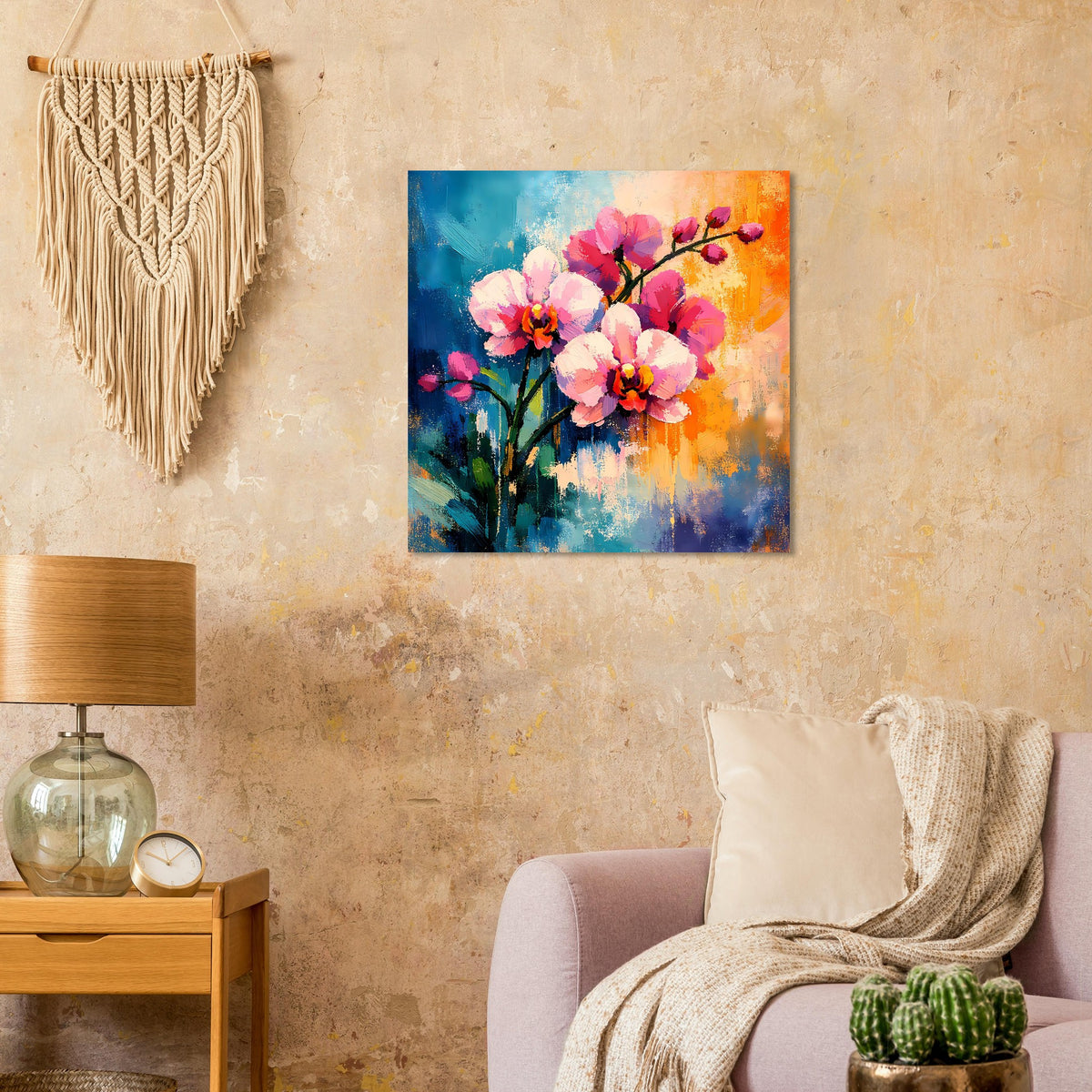 Quadratisches Blumenposter mit rosa Blüten und blau-orangefarbenem Farbverlauf