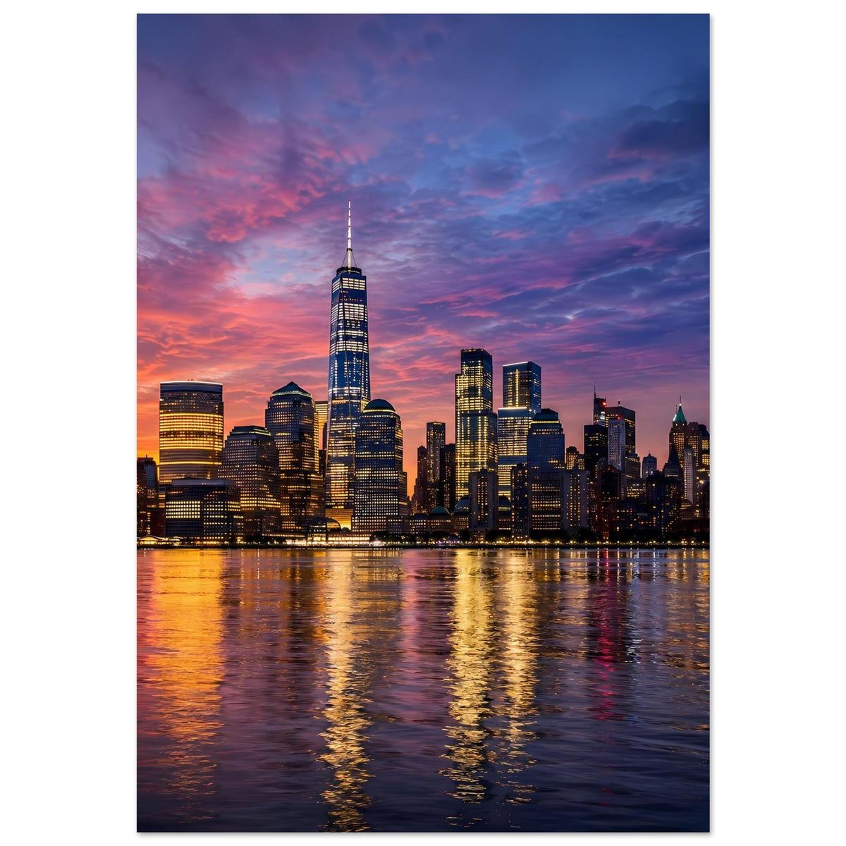Poster mit New York-Skyline bei Dämmerung im Hochformat, Wolken und leuchtende Gebäude am Fluss.