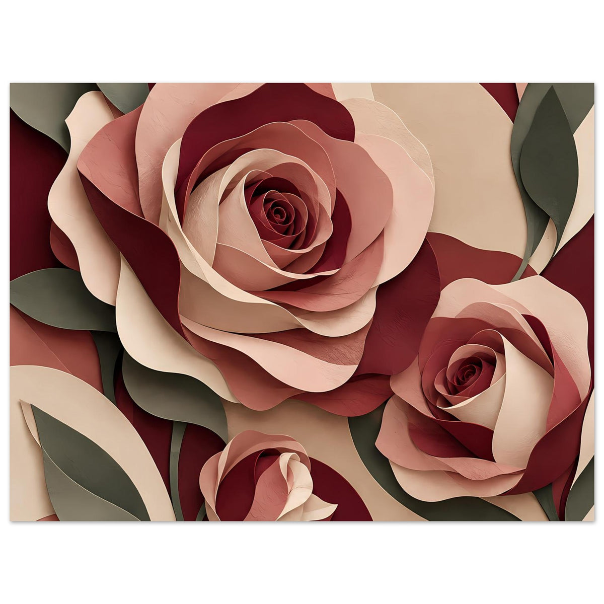 Florales Kunstposter mit Rosen in Burgunder, Rosé und Salbeigrün