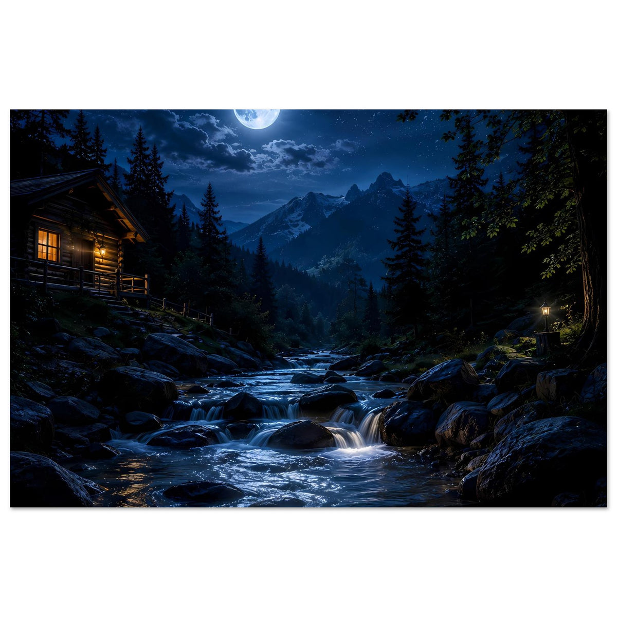 Horizontales Poster: Mondnacht mit Gebirgszug und Fluss im dunklen Wald, blau beleuchtet