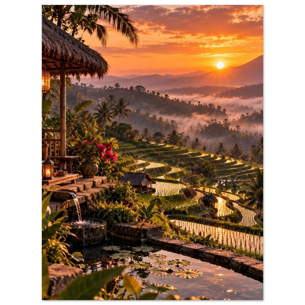 Poster mit Bali-Reisterrassen, Pflanzen und Palmen bei Sonnenuntergang