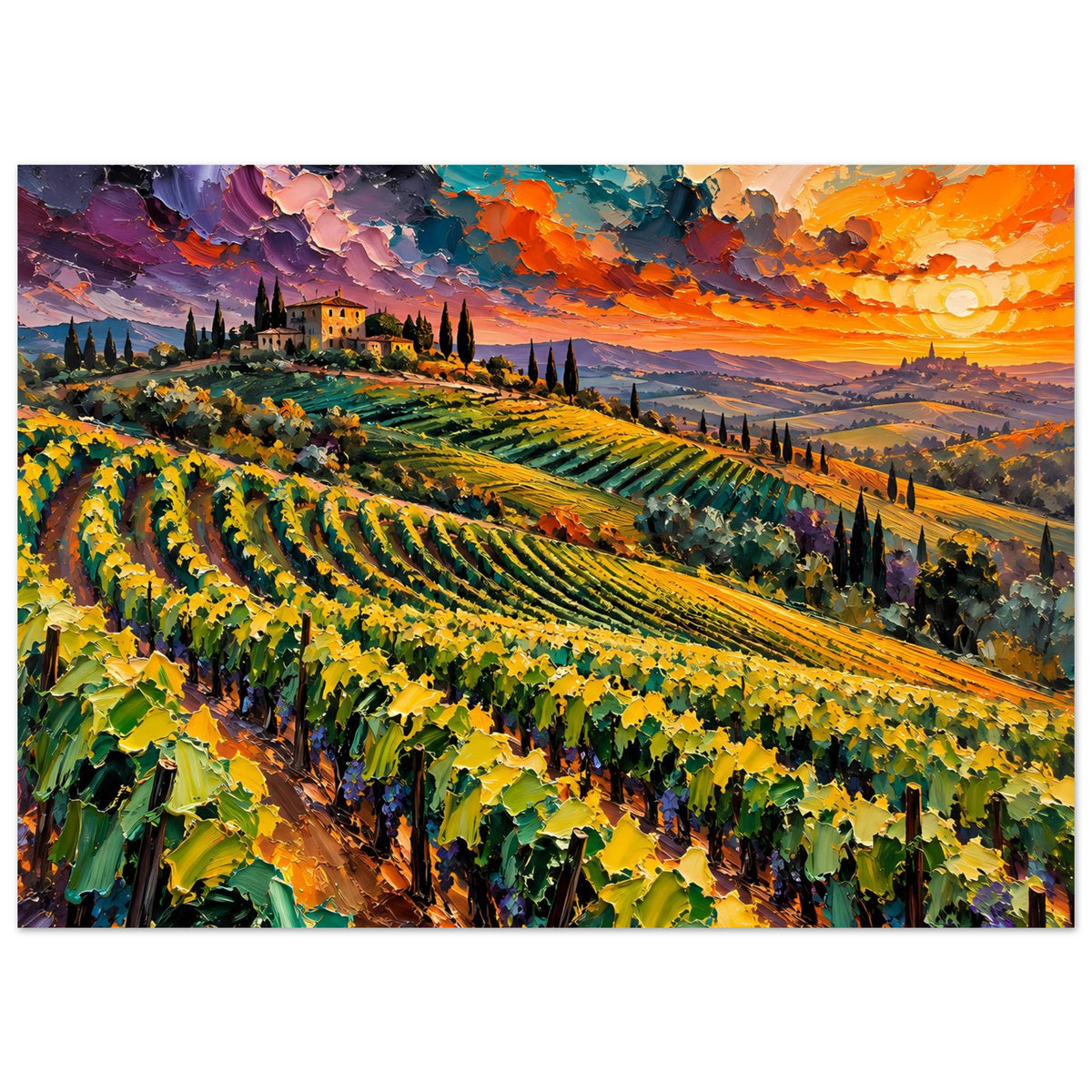 Landschaftsposter: Panorama der Weinberge, leuchtende Farben und dichtes Rebenmuster