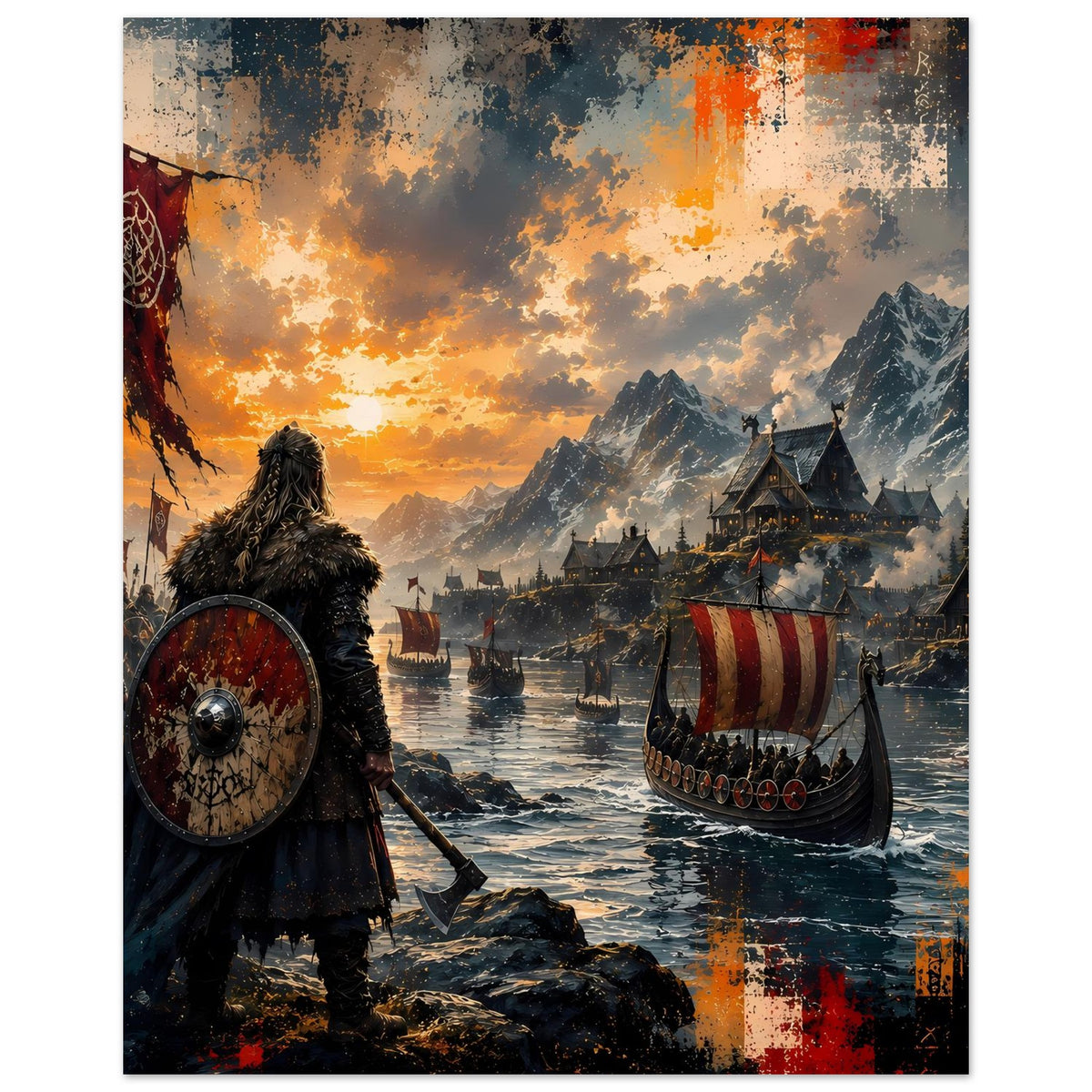 Wikinger-Saga-Poster, vertikaler Ausschnitt: Krieger mit Rundschild und Langboot im Sonnenuntergang