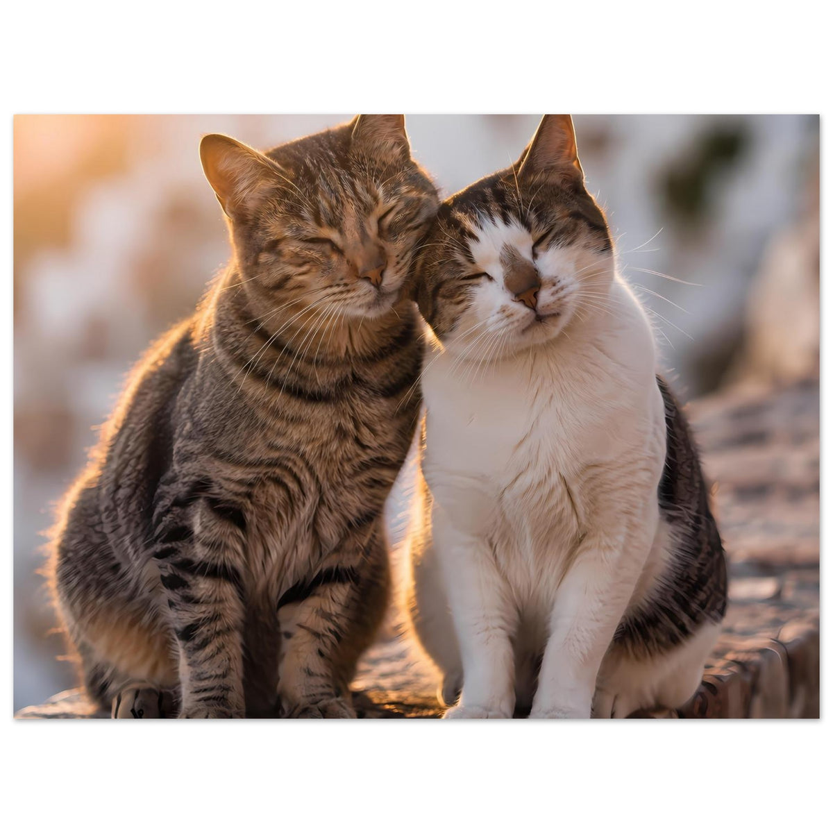 Poster im Querformat mit zwei Katzen, braun getigert und weiß, Blick nach unten