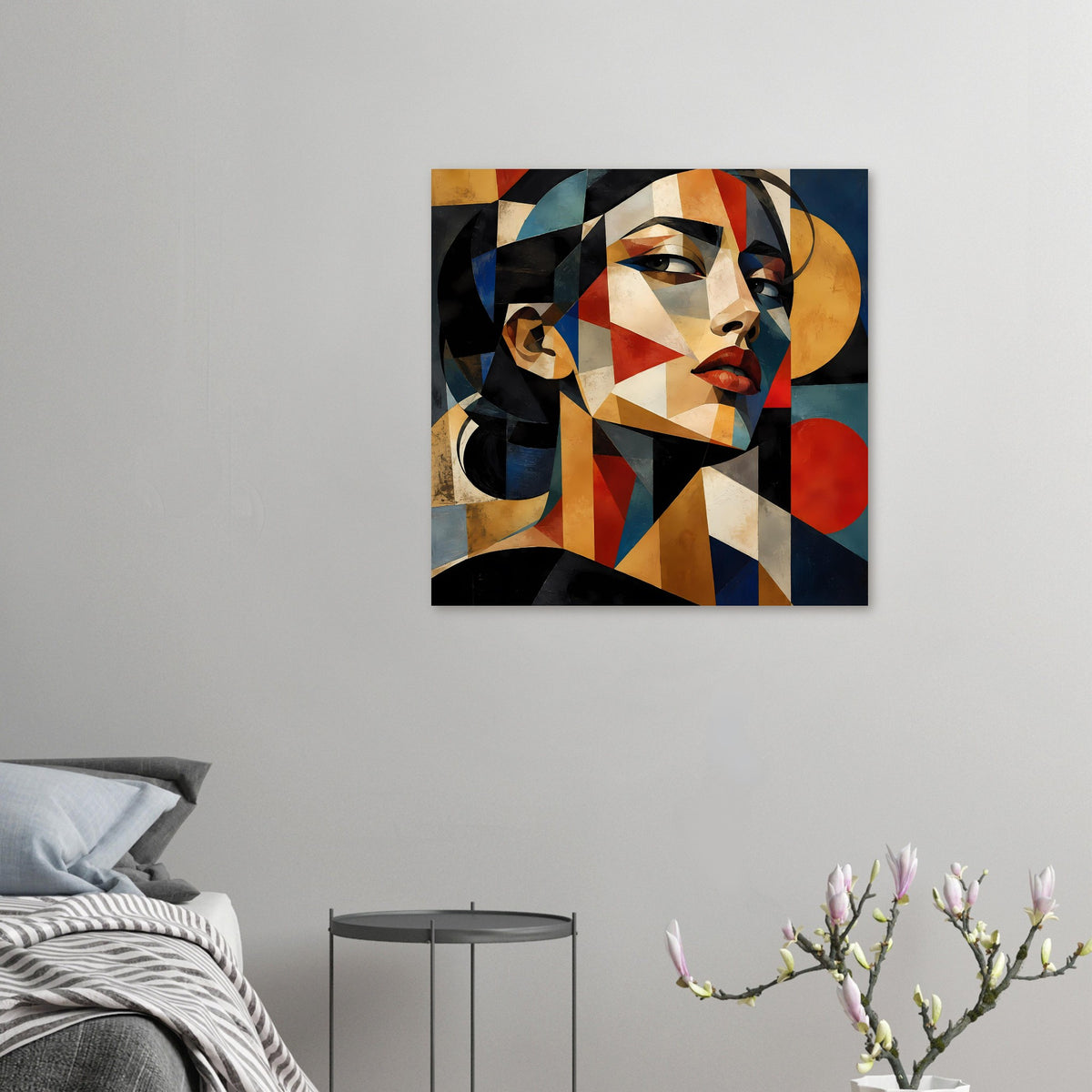 Quadratisches Geometrie-Portraitposter mit stilisierter Frau in warmen Rot- und Blautönen