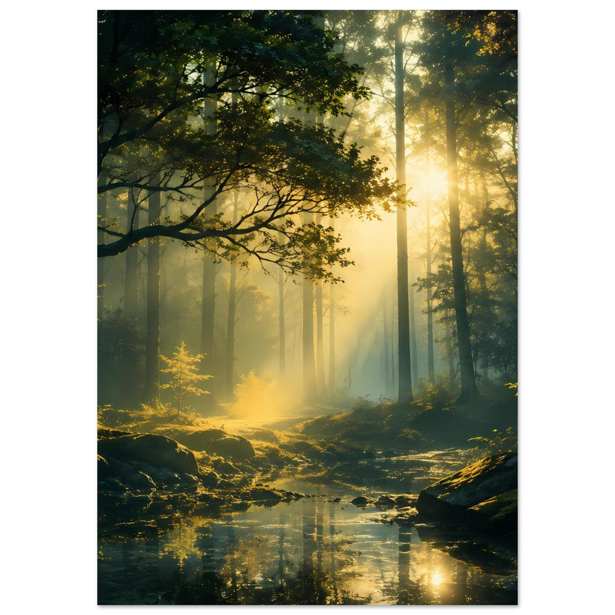 Waldlicht-Poster im Hochformat: dunkler Wald, goldene Dämmerung, Wasserfläche mit Lichtreflex