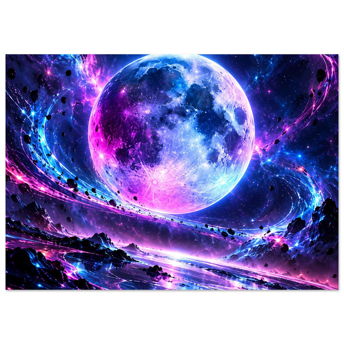 Kosmisches Galaxie-Poster: blaue und violette Planetenszene mit Sternen und Raumringen