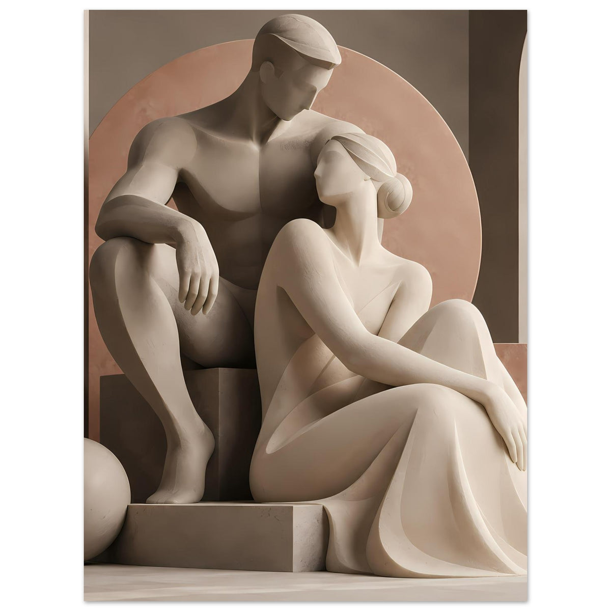 Kunstposter Liebespaar-Skulptur: umarmte Aktfiguren, Frau mit drapiert wirkendem Tuch, Erdtöne