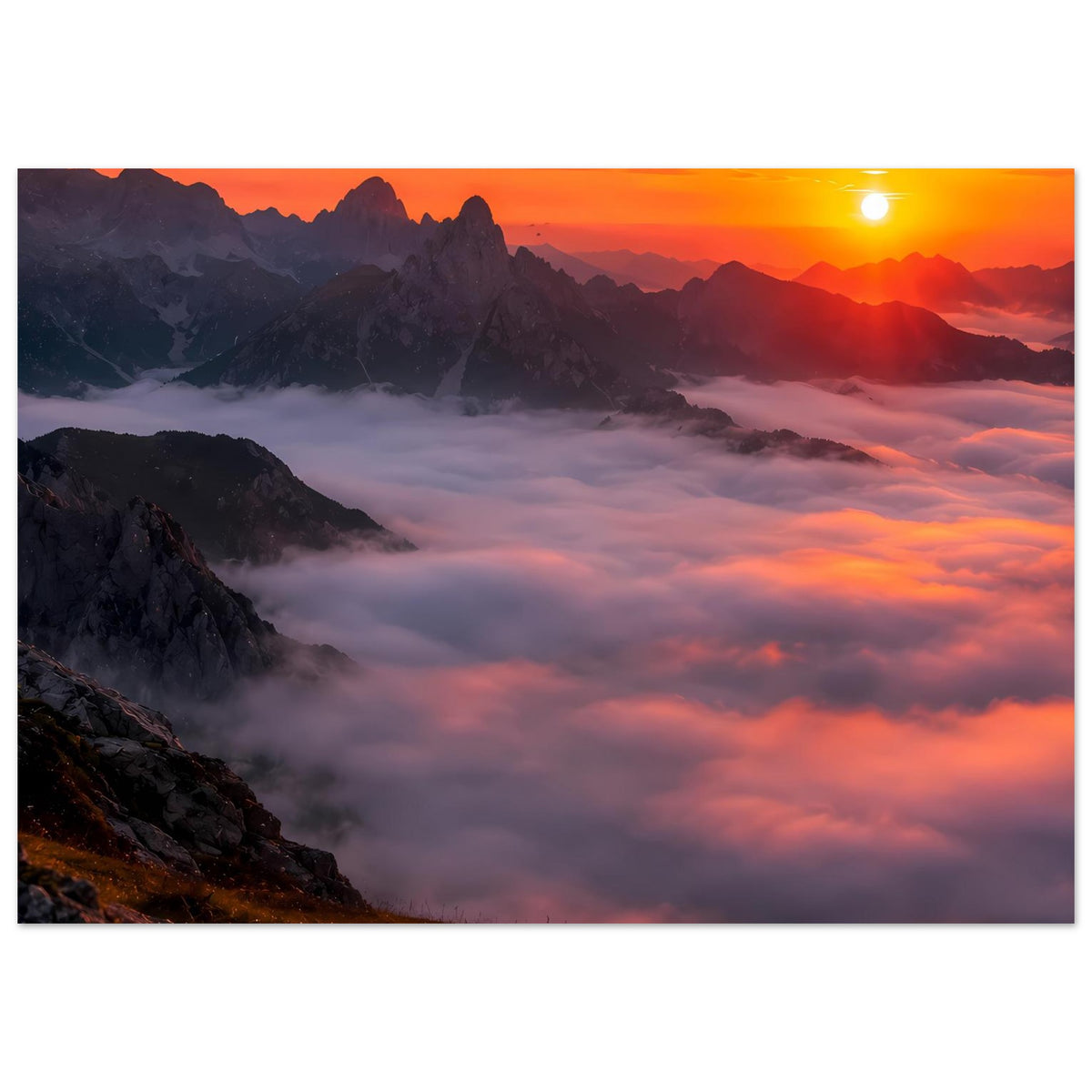 Poster mit Berggipfeln im Sonnenuntergang und ausgedehntem Wolkenmeer, warmes Licht