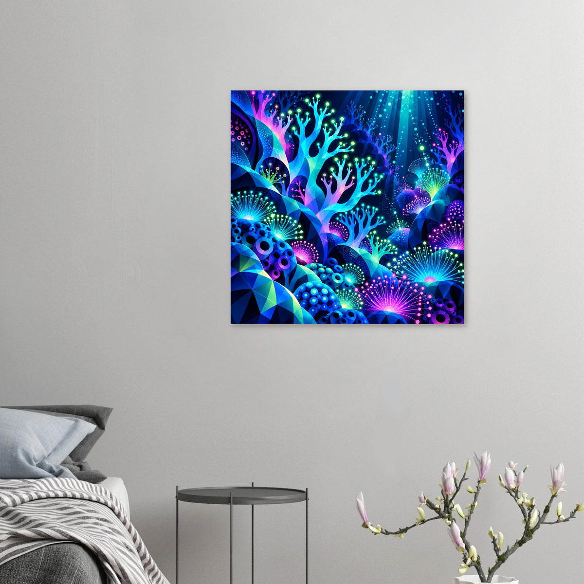 Quadratisches Unterwasser-Poster mit Neon-Korallen, Lichtstrahlen und Blüten