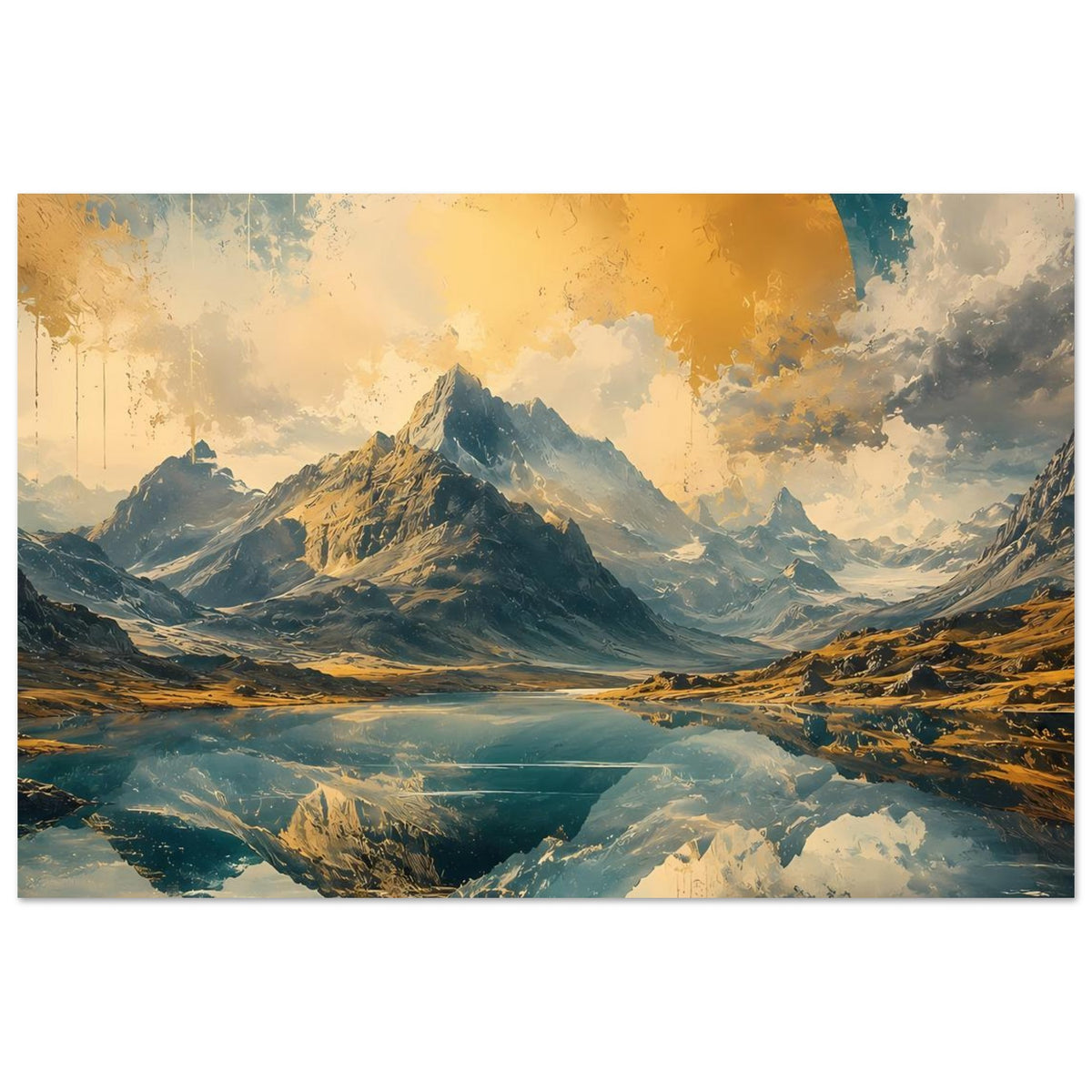 Poster (Querformat) mit Bergkette, Spiegelung im Tal und Blau-Gold-Tönen, sonniger Halbkreis