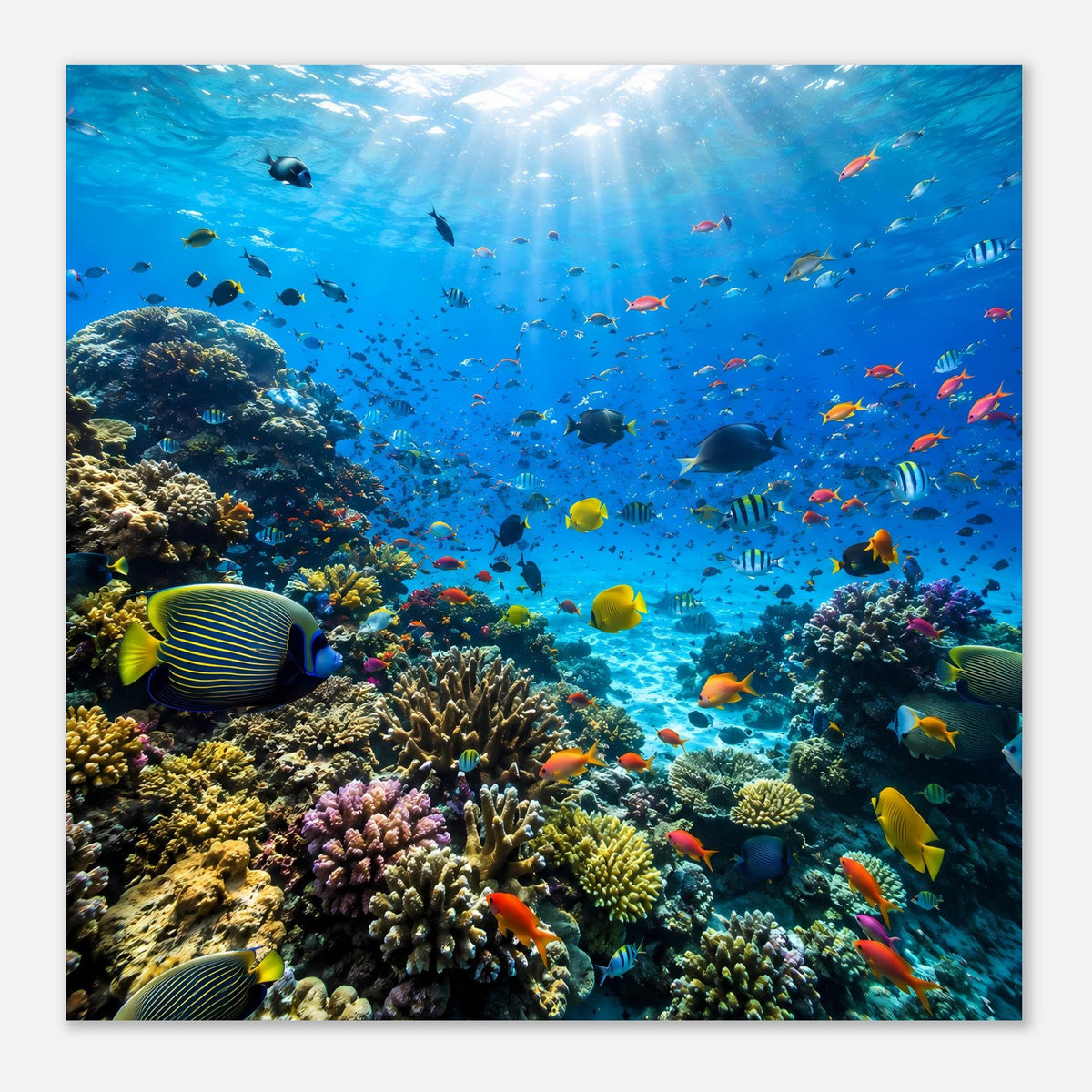 Poster: Korallenriff mit großen und kleinen bunten Fischen im sonnigen Blauen