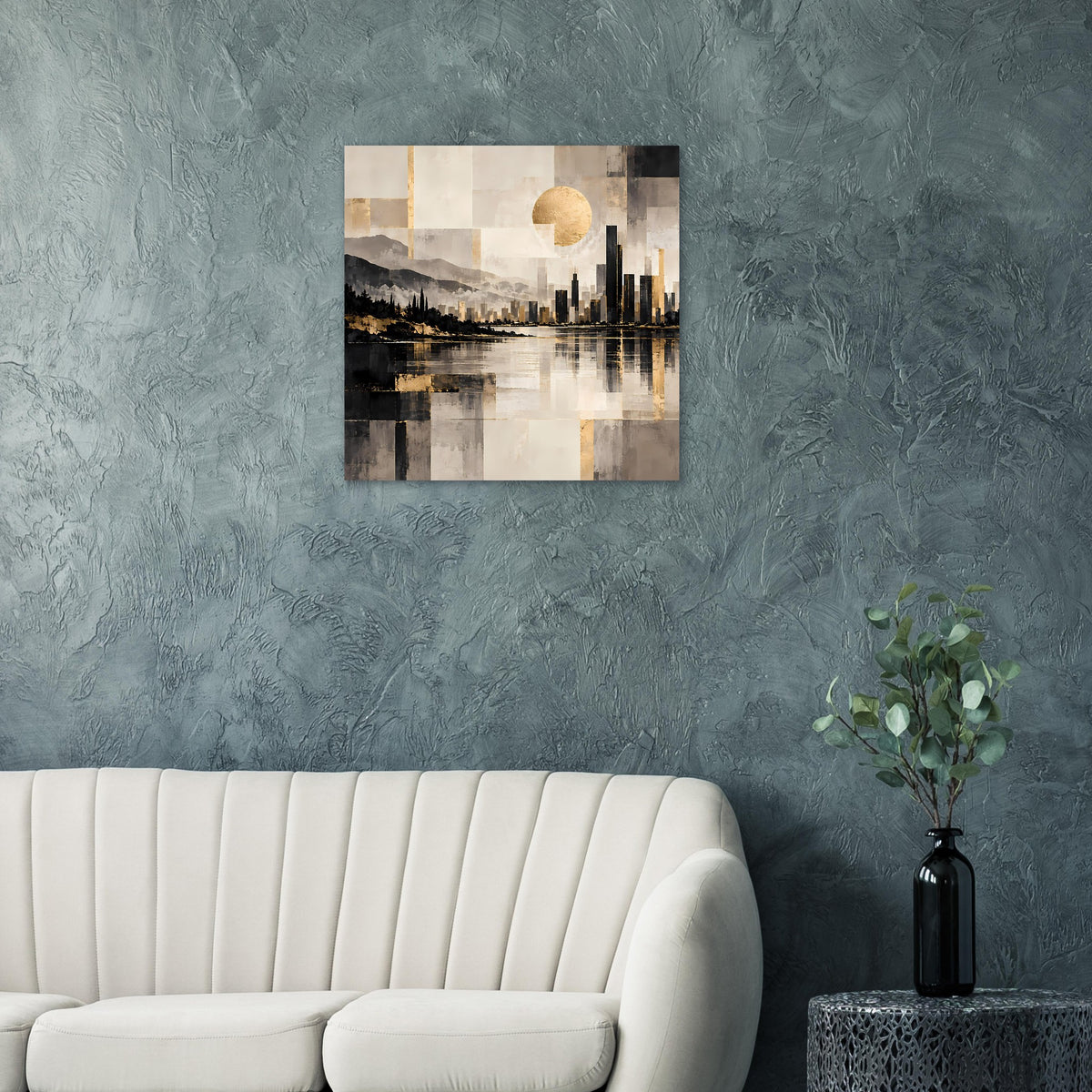 Stadtbild-Poster mit goldener Sonne, dunkler Skyline und abstrakten Grau-Texturen