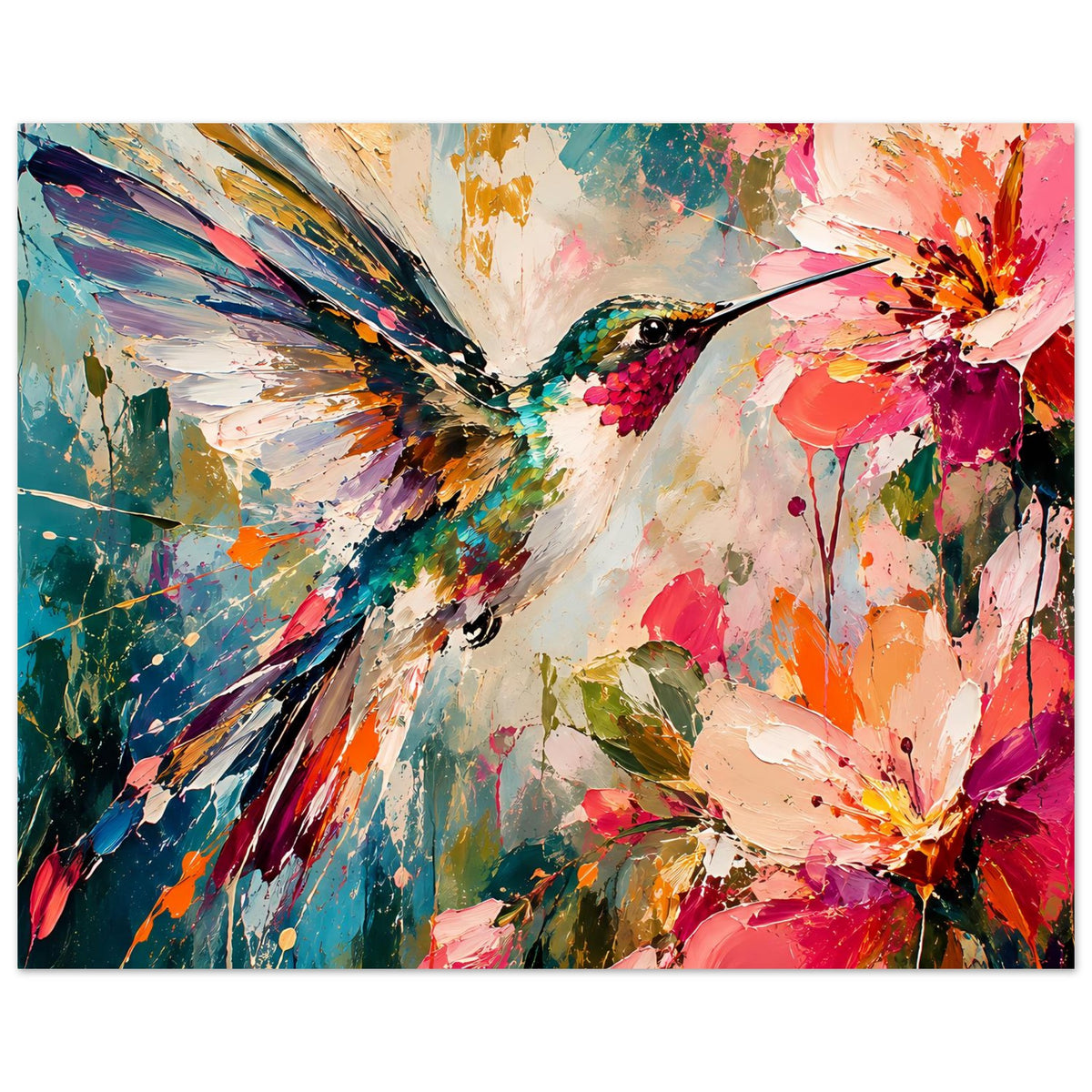 Kolibri-und-Blumen-Kunstdruck im Querformat? (nein) im Hochformat, Nahansicht mit Farbexplosionen