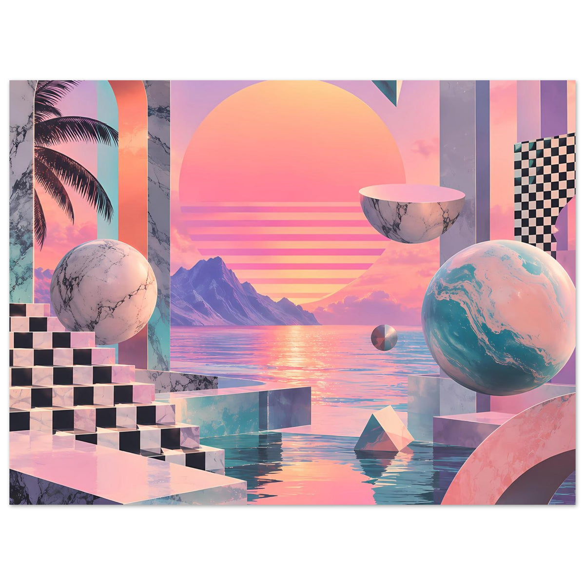 Horizontales Poster mit Sonnenkreis, Berge-Silhouette, Meerreflexion und Planeten