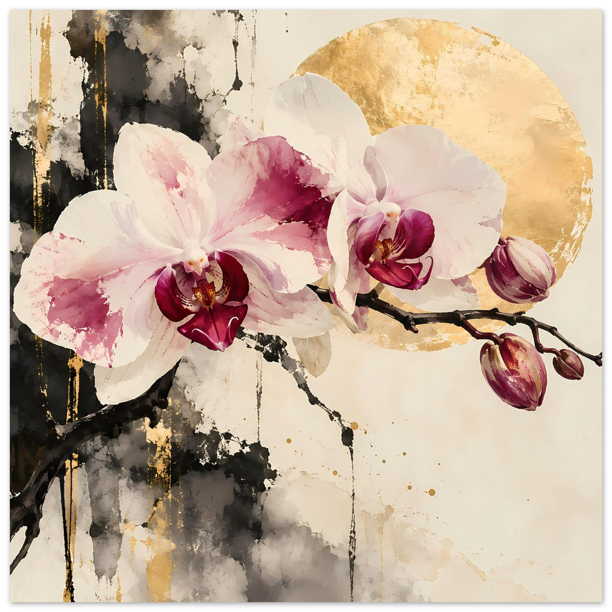 Blumenposter mit Orchideenblüten, goldener Halbkreisfläche und violetter Ranke