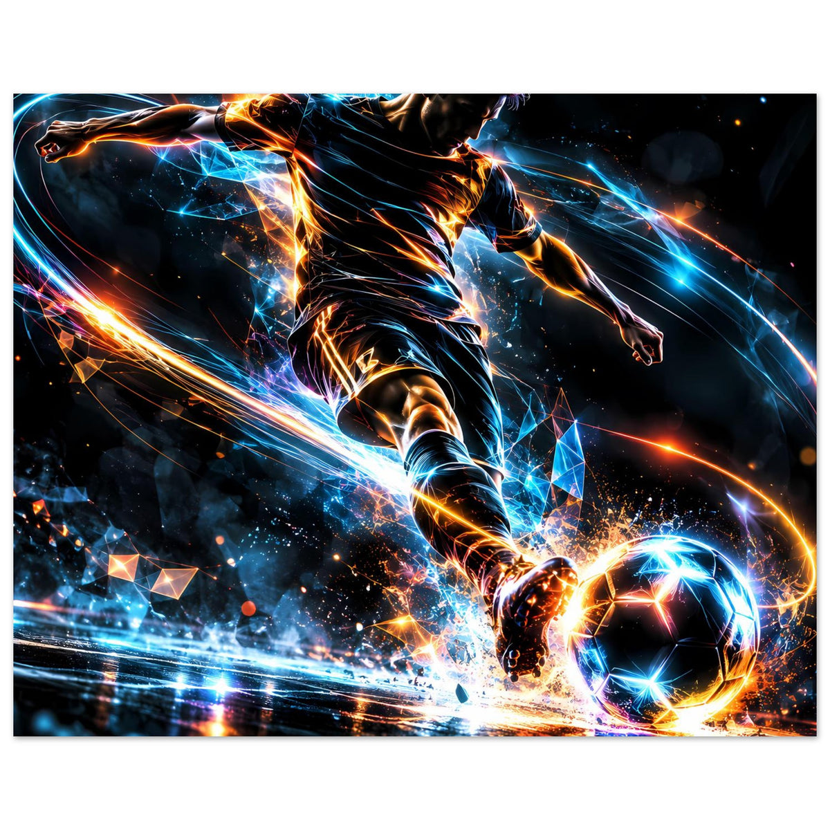 Fußball-Actionposter (Querformat) mit Spieler und leuchtendem Ball, Blau-Orange