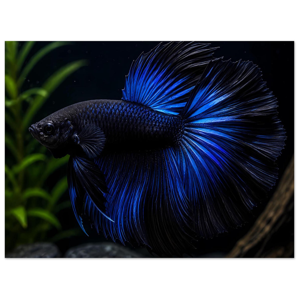 Poster mit blauem Kampffisch im Hochformat, Körper dunkel, Flossen kräftig blau